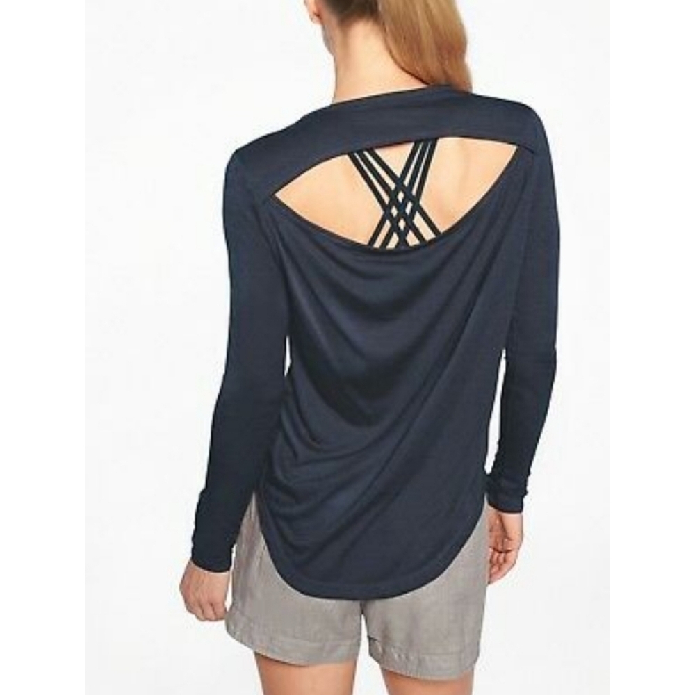 ATHLETA Breezy Cut Out Long Sleeve Navy Top XL